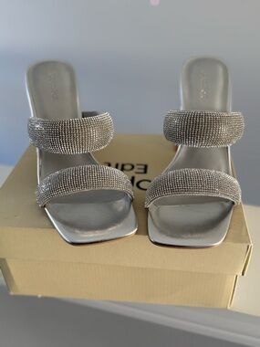 Crystal-Embellished Silver Slide Heels - Women's